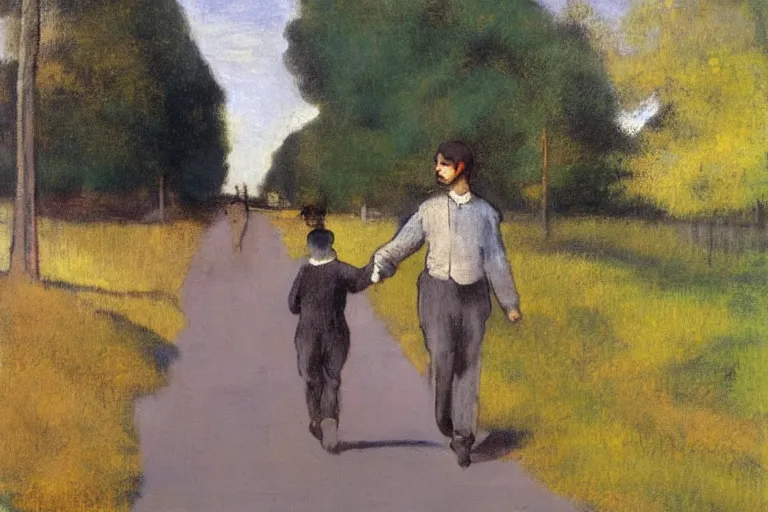 Image similar to a man with dark hair holding the hands of a young boy with dark hair as they walk down a suburban highway on a bright beautiful colorful day. in the style of an edgar degas painting.