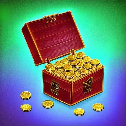 Prompt: a treasure chest full of gold coins and gems, digital art