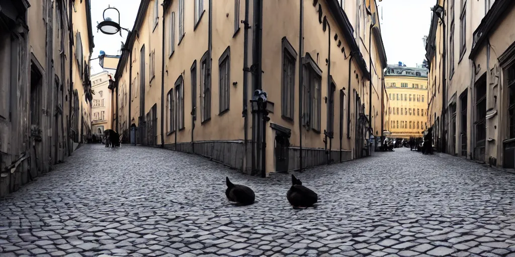 Image similar to a street in stockholm full of rabbits