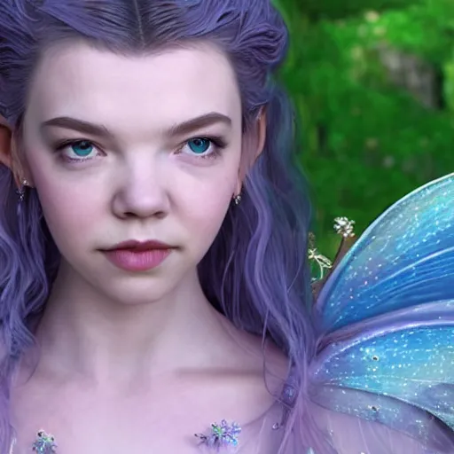 Image similar to older anya taylor - joy as a beautiful fairy, 8 k resolution hyperdetailed photo realistic, extremely high quality and life like