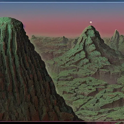Image similar to beautiful rendered in zbrush ancient painting of a beatiful scenic mountain range surrounded by holographic Myrtle squares, by Jean Giraud and Zdzisław Beksiński and Chesley Bonestell and James Gurney, Mc Escher,