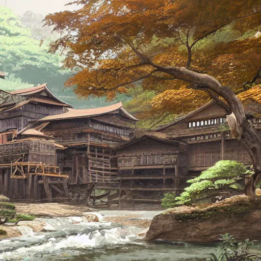 Image similar to concept art painting of a historic mill with japanese architecture, by a river in a woodland village surrounded by trees and mountains, realistic, detailed, cel shaded, in the style of makoto shinkai and greg rutkowski and james gurney