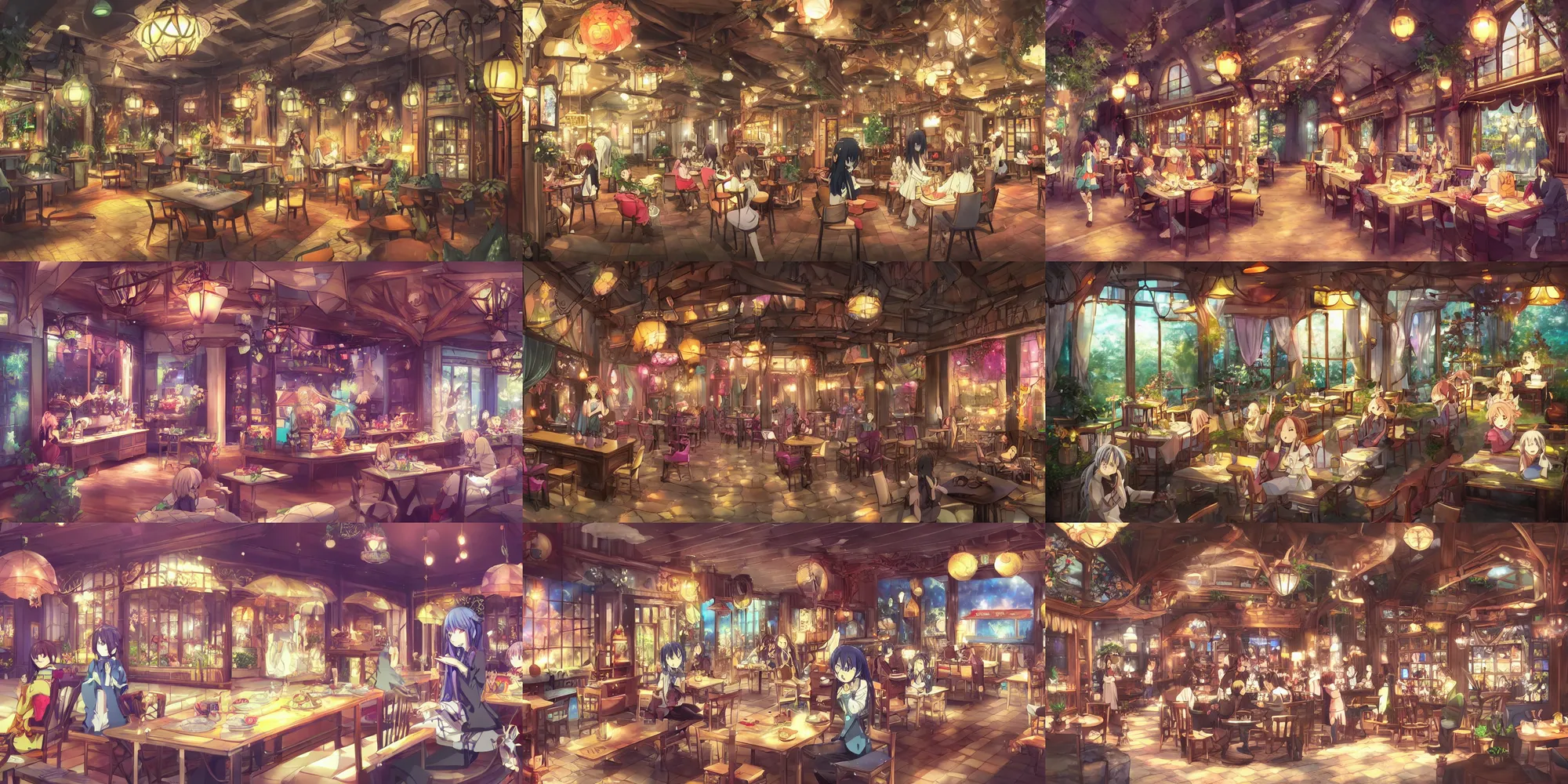 Prompt: a beautiful fantasy cafe, anime style, cozy and peaceful mood