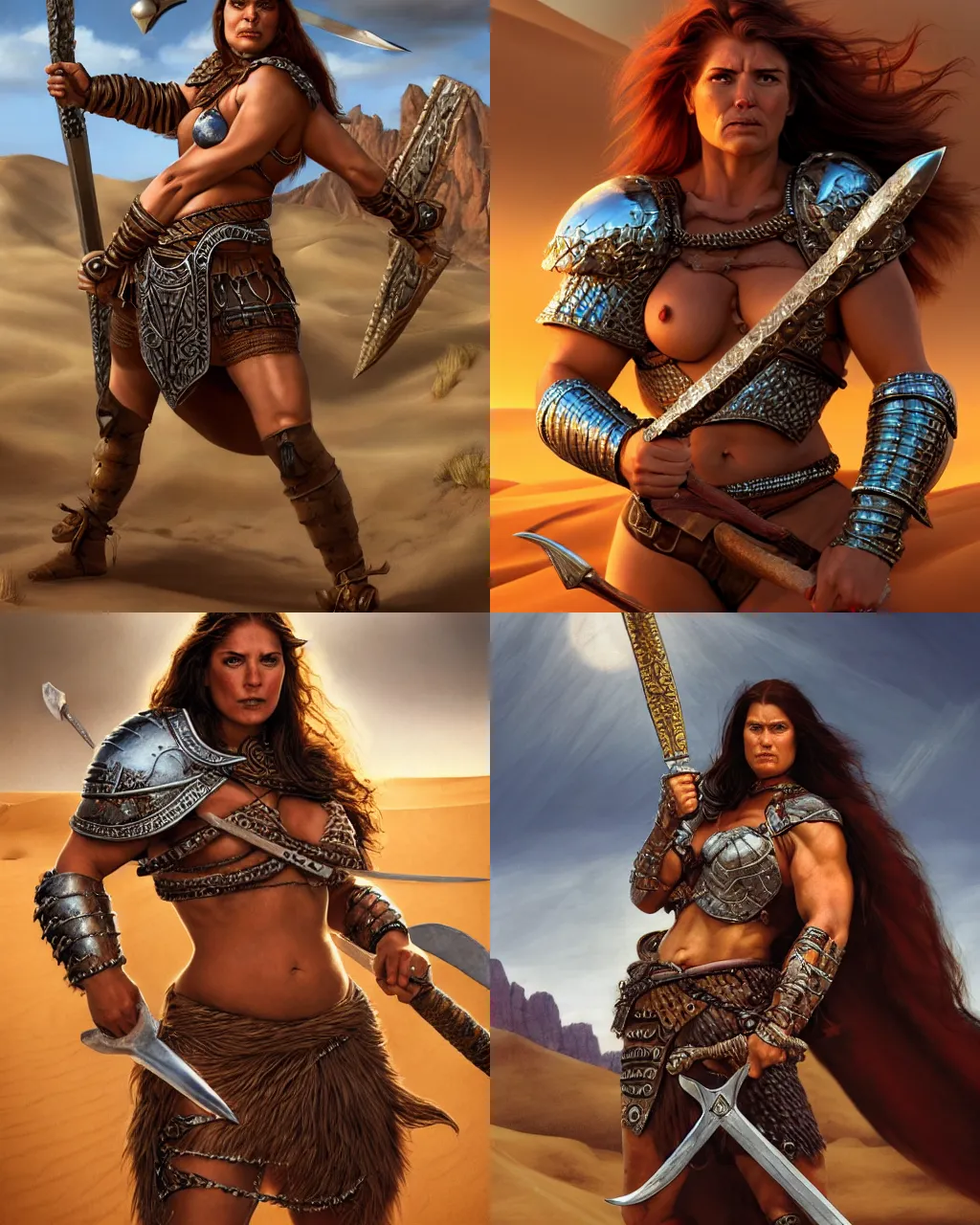 Prompt: big and strong barbarian woman wielding a sword, in the desert, wearing chainmail armor, by jeff easley and artemisia gentileschi, ultrarealistic, highly detailed face, soft lighing, spellfire, sharp focus, cinematic lighting, artstation, powerful presence