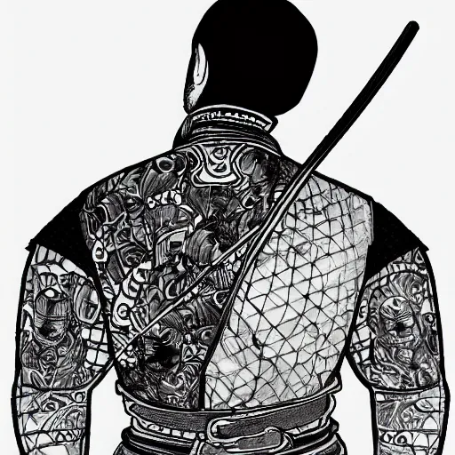 Image similar to entire body portrait from behind samurai that holds chain art inkstyle brush ink traditional sketch