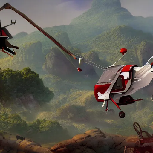 Image similar to pudge hooking gyrocopter with chen helping in background, unreal 5, high detailed, fantasy matte painting, super wide angle