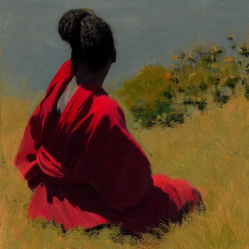 Prompt: black girl with a bun, in a red kimono, backview, sitting on edge of cliff, by jeremy lipking, tim rees, joseph todorovitch