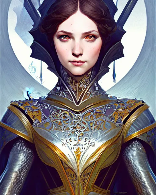 Image similar to Beautiful and playful medieval knight portrait, art nouveau, fantasy, intricate triangular designs, elegant, highly detailed, sharp focus, art by Artgerm and Greg Rutkowski and WLOP