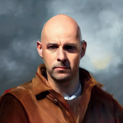 Prompt: an artstation trending portrait painting of a bald english man standing in front of a building on fire, fine painting