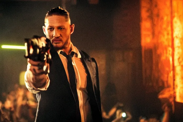 Image similar to film still of Tom Hardy as Max Payne in a nightclub with bright contrasting strobe lights in the Max Payne movie, 4k