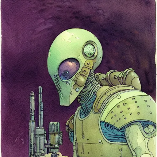 Prompt: a simple and atmospheric watercolour portrait of a pulp sci - fi alien soldier, very muted colors, by rebecca guay, michael kaluta, charles vess and jean moebius giraud