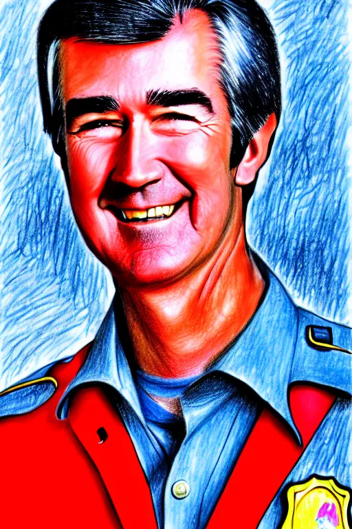 Image similar to a drawing of randy mantooth clean shaven, as a fire fighter by a child, bright colours, detailed