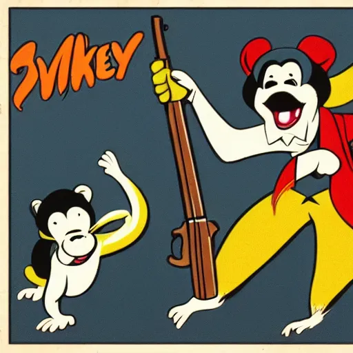 Image similar to monkey wielding two ak - 4 7 s, style of 1 9 2 0 s disney cartoon