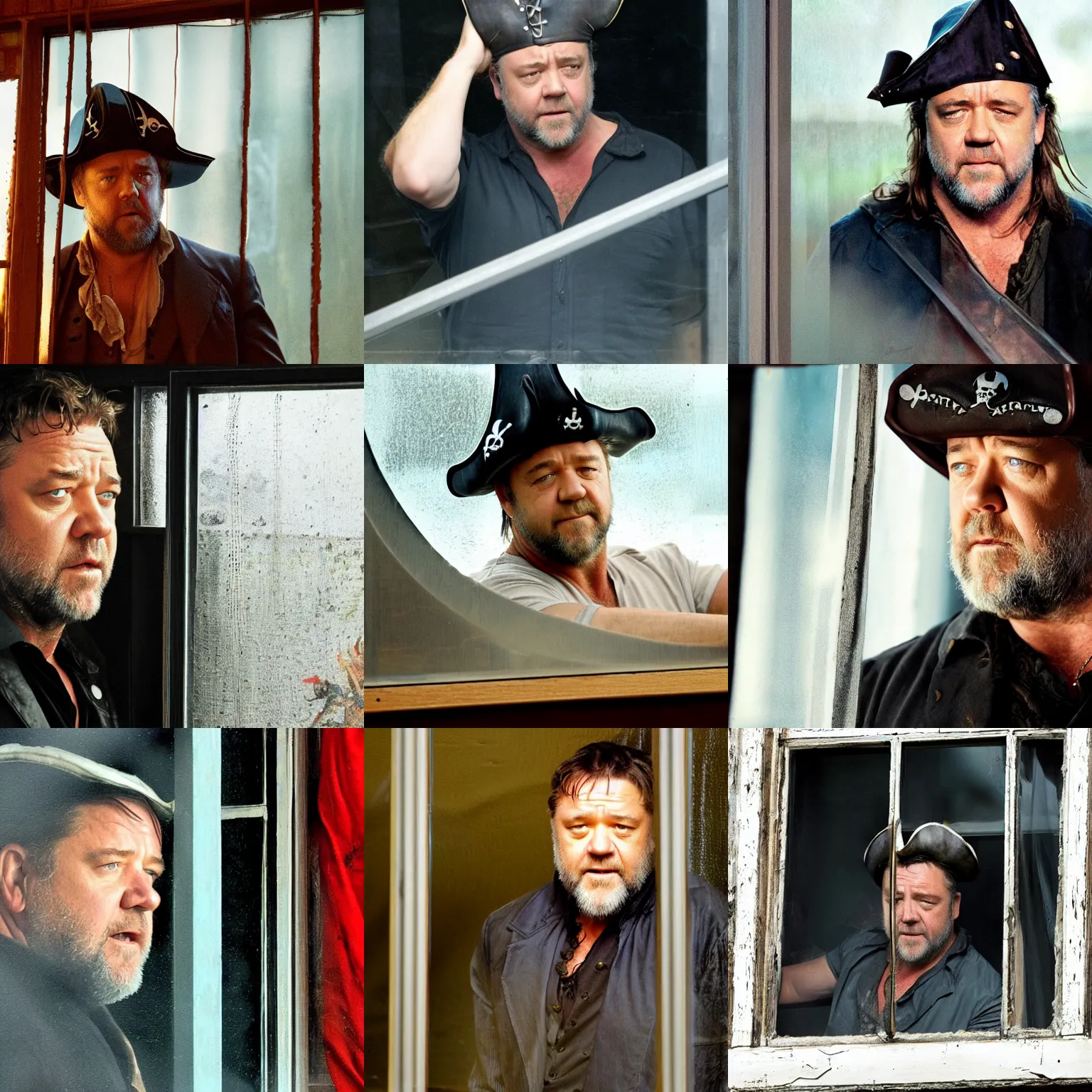 Prompt: russell crowe wearing a pirate hat behind a dirty window staring out