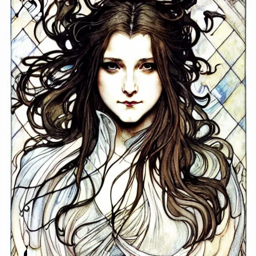 Prompt: in the style of artgerm, arthur rackham, alphonse mucha, evan rachel wood, symmetrical eyes, symmetrical face, flowing white dress, hair blowing, single face, warm colors