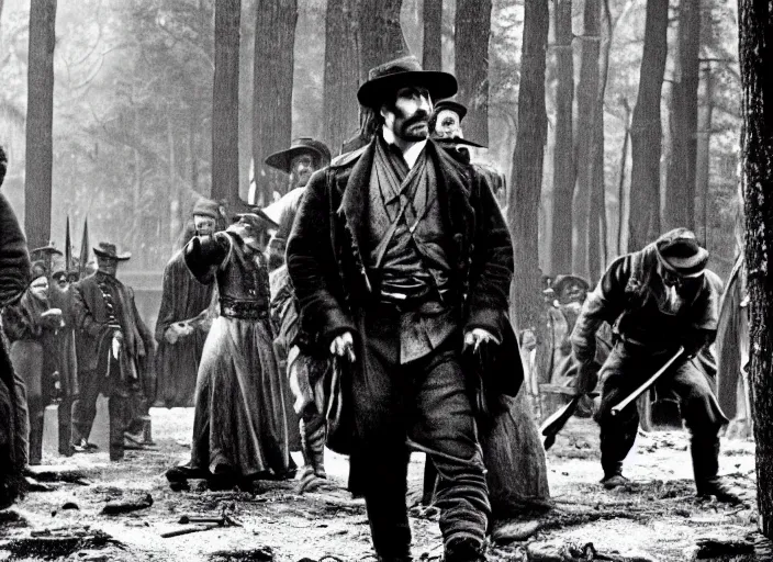 Image similar to an action scene from the movie gangs of new york, filmed in a dark forest, medium long shot, leonardo dicaprio and daniel day - lewis, sharp eyes, serious expressions, detailed and symmetric faces, black and white, cinematic, epic,