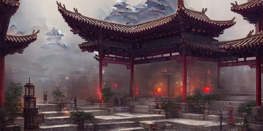 Prompt: ancient chinese courtyard + steampunk architecture on hill ， cyberpunk style by greg rutkowski and thomas kinkade, trending on artstation