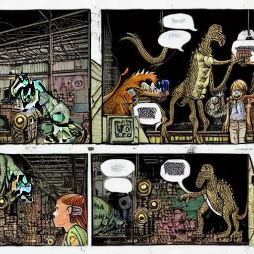 Image similar to intricate detailed comic panel illustration of cyborg punk street kids with a pet dinosaur in a warehouse rave, no speech bubbles, dystopian, cyberpunk, full-color