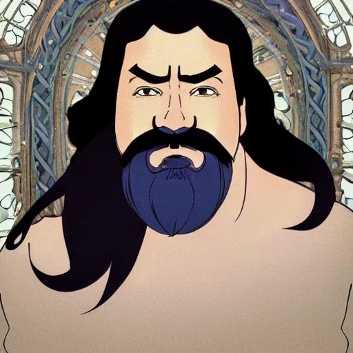 Prompt: a middle - aged man with bulk muscles and black hair consists of an unruly, mostly swept - back mane and waist - length fu manchu mustache and spiked goatee, path traced, highly detailed, high quality, digital painting, by studio ghibli and alphonse mucha, leesha hannigan, hidari, disney
