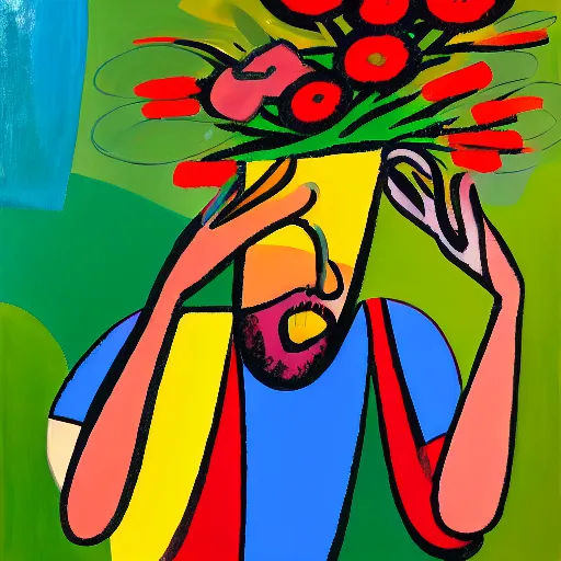 Image similar to man pouring water on head, flowers are in a pot on his head, the pot is part of his head, abstract expressionism, oil on canvas