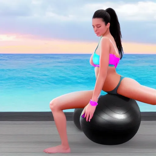 Prompt: a young girl in bikini laying on a yoga ball, full body shot, 4k, hyperrealistic, trending on artstation n- 4