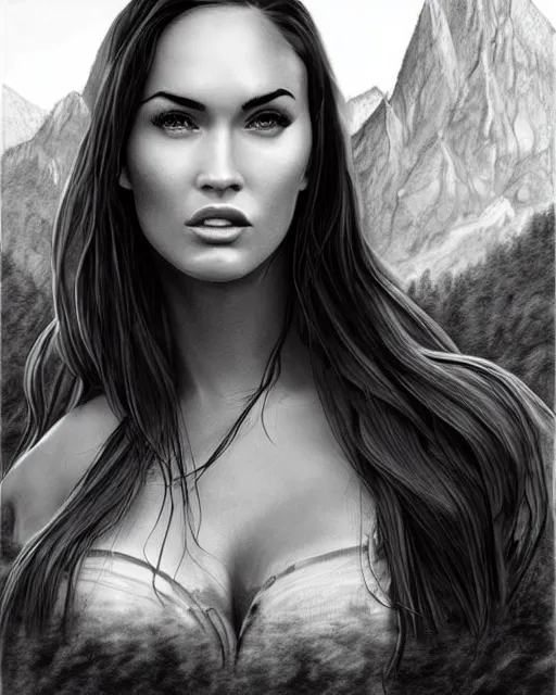 Prompt: realism sketch of megan fox face blended with beautiful mountain scenery in the style of dan mountford, double exposure, hyper realistic, amazing detail, black and white