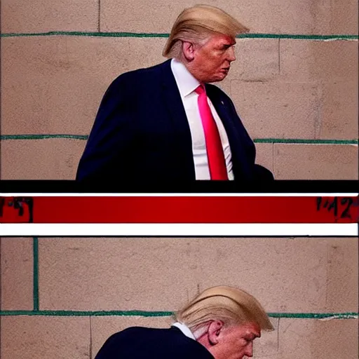 Image similar to donald trump in jail, behind bars crying tears and snot. candid photograph.
