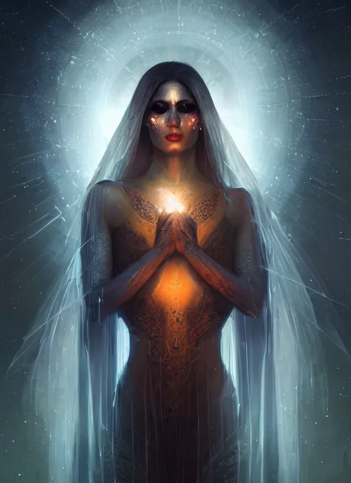 Image similar to portrait, queen of death, glowing halo, mandala, bokeh on background, dramatic lighting, cinematic, establishing shot, extremly high detail, foto realistic, cinematic lighting, post processed, concept art, artstation, matte painting, style by eddie mendoza, raphael lacoste, alex ross. 3d. octane render