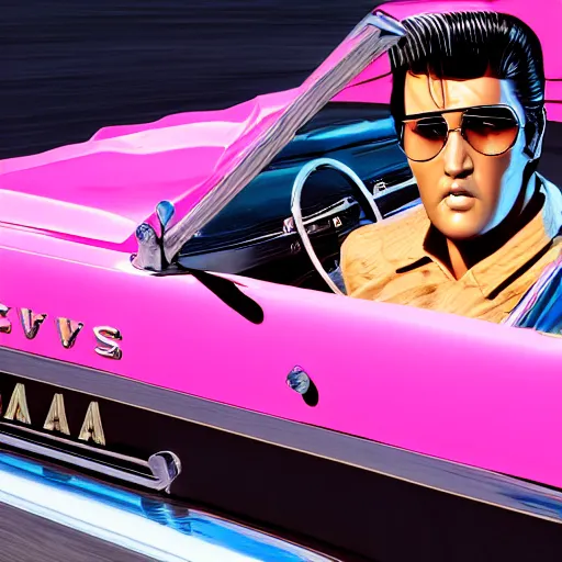 Image similar to a closeup photorealistic photograph of elvis driving a vintage chevy impala pink interior shot. film still. 4 k hd image, trending on artstation, featured on behance, well rendered, extra crisp, features intricate detail, epic composition and the style of unreal engine.