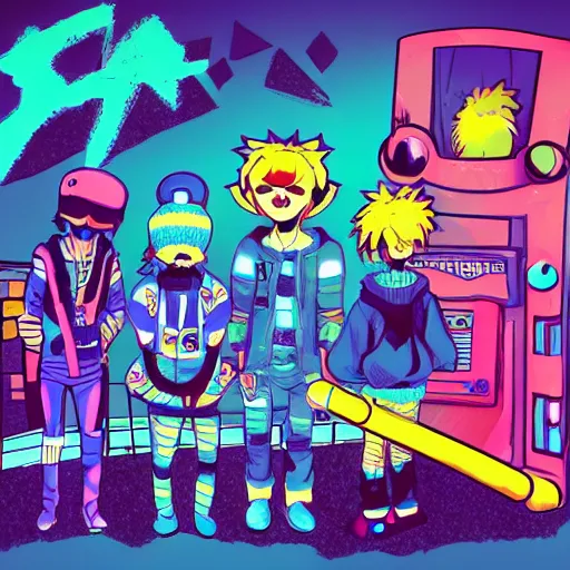 Prompt: bandphoto of chiptune band, in the style of billelis and james jean and pedro conti and stanley kubrick, inspired by die antwoord, kawaii colors, photorealistic, epic, super technical, 3 d render