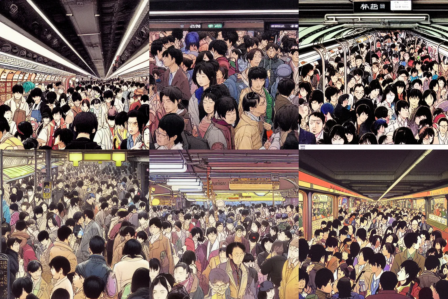 Prompt: Intricate illustration of a packed subway in tokyo, mike mignola, yoshitaka Amano, hiroshi yoshida, moebius, bright pastel color
