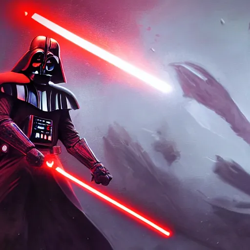 Image similar to portrait of darth vader wielding red lightsabre, league of legends amazing splashscreen artwork, legends of runeterra, splash art, natural light, elegant, photorealistic facial features, intricate, fantasy, detailed face, atmospheric lighting, anamorphic lens flare, cinematic lighting, league of legends splash art, hd wallpaper, ultra high details by greg rutkowski