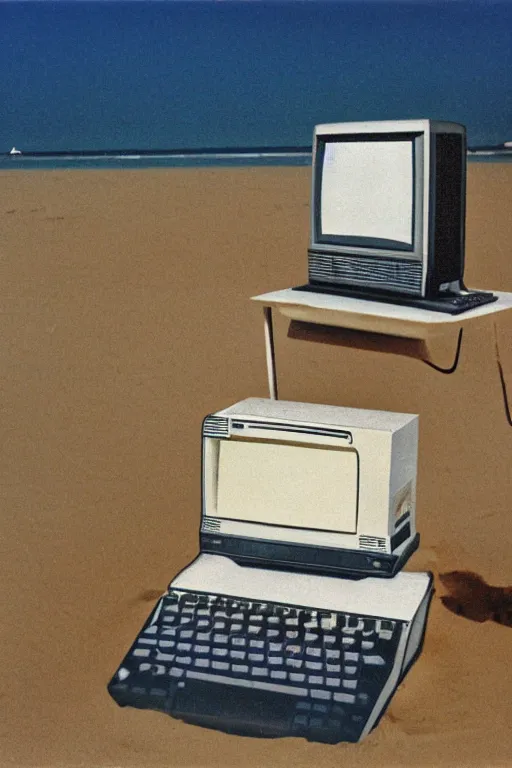 Prompt: a 1984 computer on the beach, In the style of John Baldessari.