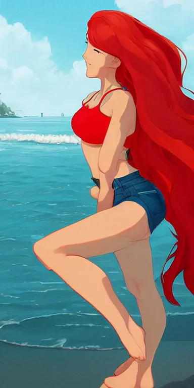 Prompt: lois van baarle, artgerm, helen huang, by makoto shinkai and ilya kuvshino, rossdraws, illustration, art by ilya kuyshuno. cute scarlet red haired cyborg woman, denim shorts, at beach at sunset, beautiful face, smiling, clean cel shaded vector art, exaggerated proportions