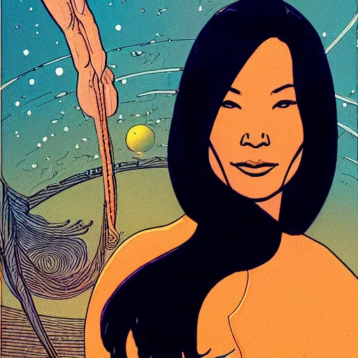 Image similar to lucy liu retro minimalist portrait moebius starwatcher comic by jean giraud, 8 k