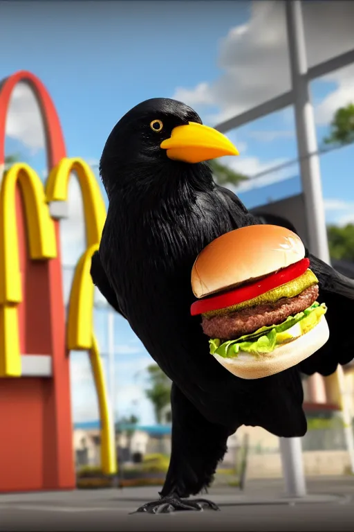 Image similar to a mc donalds commercial with a 3d Crow holding a Burger , commercial, 3d render, Mc donalds, 4k, sharp, by Beeple, Octane Render, cinema 4d