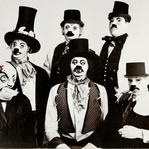 Image similar to photograph of a criminal lineup of circus clowns