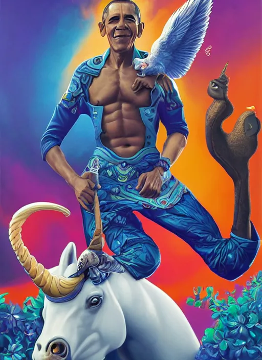 Image similar to portrait of obama riding an unicorn, pixar style, by tristan eaton stanley artgerm and tom bagshaw.