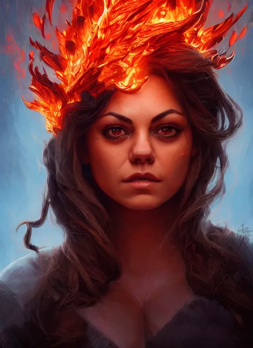 Prompt: mila kunis as a fire elemental made totally of fire. fantasy fire elemental, intricate, fiery temper, highly detailed, digital painting, artstation, concept art, smooth, sharp focus, illustration, art by artgerm and greg rutkowski and wlop