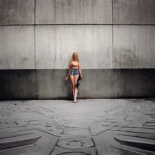 Image similar to thin, blonde women, lost on a labyrinth of concret building, photograph, HD, Minsk, 1995