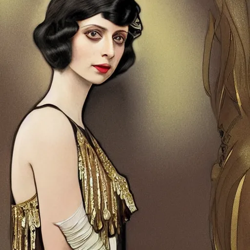 Image similar to full figure ultra realistic illustration, angela sarafyan wearing a 1 9 2 0 s flapper dress, 1 9 2 0 s hair, 1 9 2 0 s brooklyn, intricate, elegant, highly detailed, digital painting, artstation, concept art, smooth, sharp focus, illustration, art by artgerm and greg rutkowski and alphonse mucha