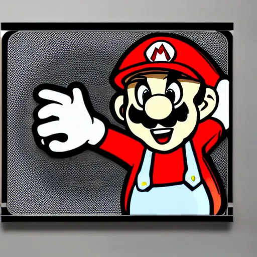 Image similar to svg sticker of a Pop-Wonder SuperMario, Mario-Wearing-a-red-hat, at a rave, spinning records, giant headphones rocking out, wearing headphones, huge speakers, dancing, rave, DJ, spinning records, digital art, amazing composition, rule-of-thirds, award-winning, trending on artstation, featured on deviantart