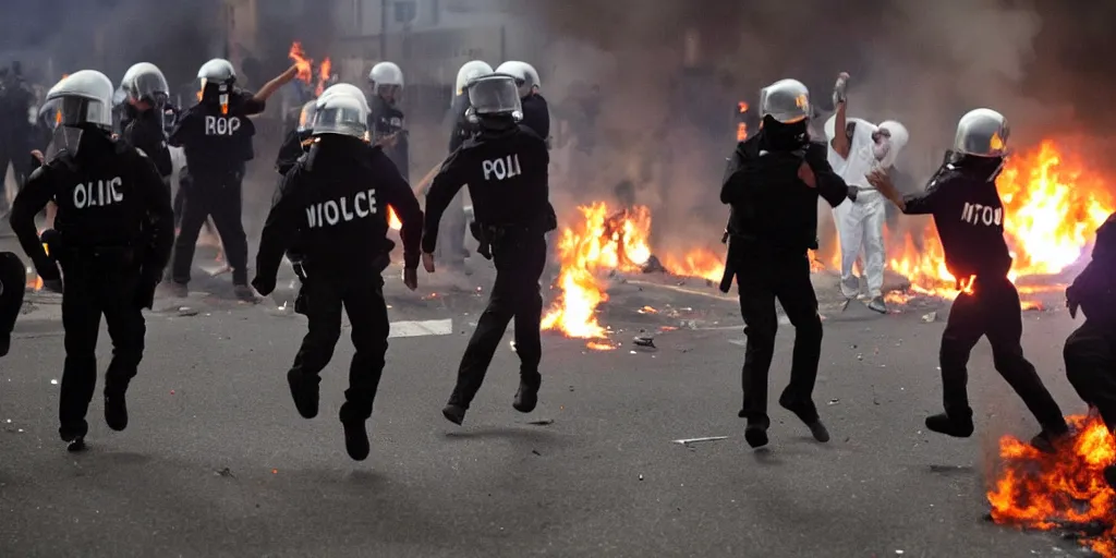 Image similar to photo of young men wearing white tracksuits fighting cops in a riot with burning cars at night, close shot, editorial photography