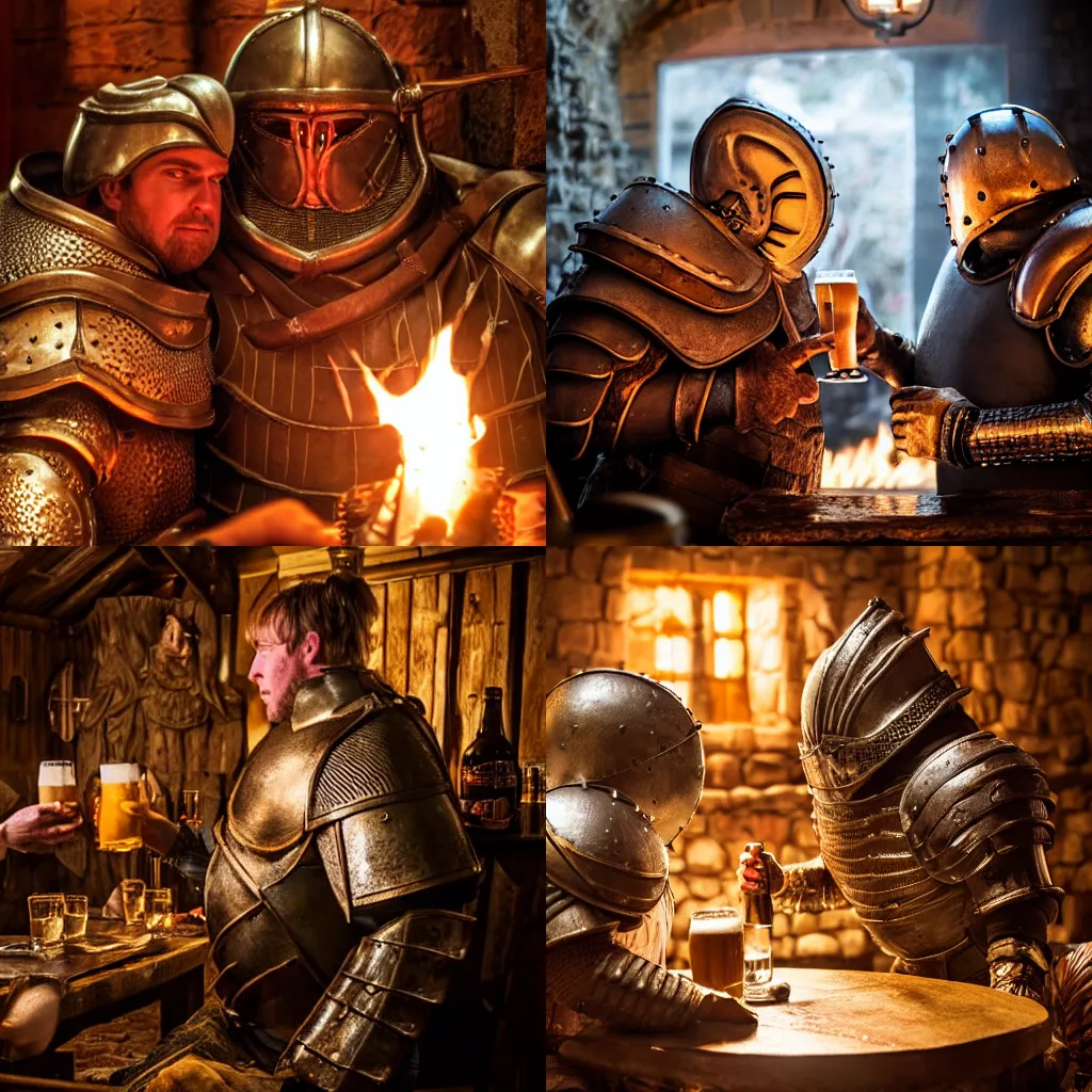 Prompt: Siegmeyer of Catarina having a beer with Domhnall of Zena in a undead tavern, warm lighting, fireplace, godrays, DSLR photo