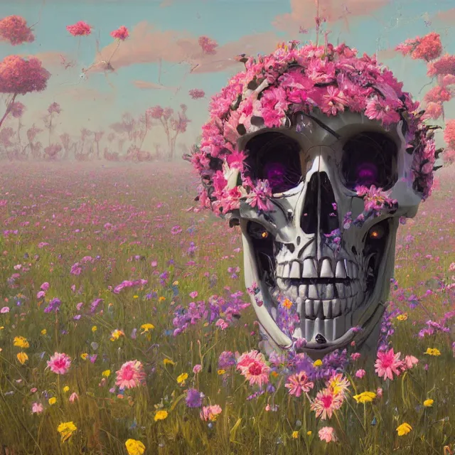 Image similar to a beautiful portrait painting of a cyberpunk robot skull in a field of flowers by simon stalenhag