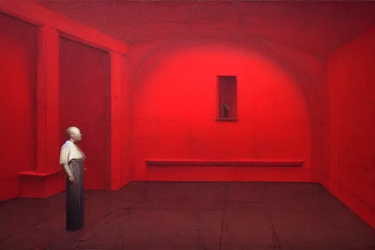 Image similar to only with red, crowd screaming, an exposed painting in a roman theater, in the style of beksinski, parts by edward hopper, parts by rodcenko, parts by yue minjun, intricate and epic composition, red by caravaggio, insanely quality, highly detailed, masterpiece, red light, artstation, 4 k