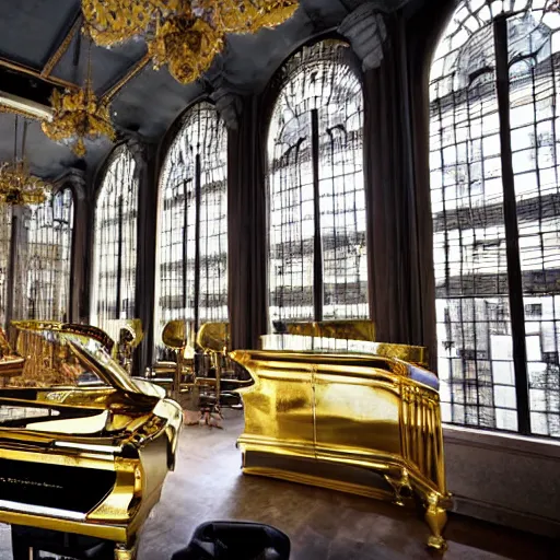 Prompt: A grand piano in a large room full of gold and silver instruments,