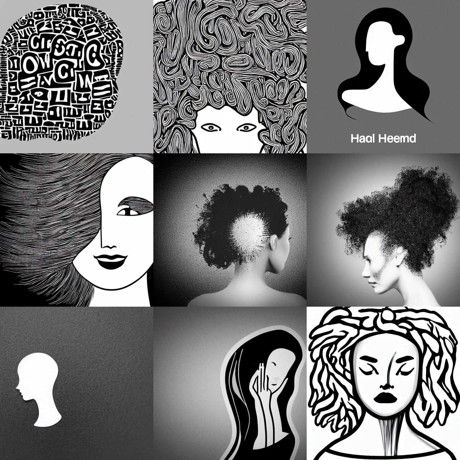 Prompt: black and white logo of faceless woman head and shoulders and hair, central composition