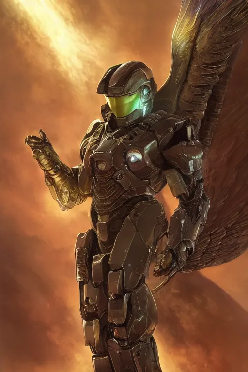 Image similar to portrait of master chief as a one winged angel with a halo behind her, catholic religious art, ornate fractal cloud, sacred, nebula, halo, strong, seductive, imposing, biomechanical, biblical, by moebius and greg rutkowski and artgerm, octane render, trending on artstation