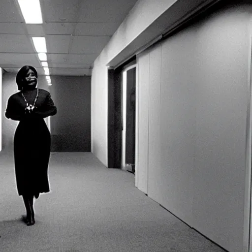 Prompt: Octavia Spencer wandering around in the backrooms, an empy, fluorescent lit office with stained walls and carpet, desolate, still photo from the Stanley Kubrick Film